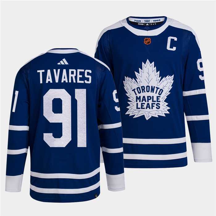 Men%27s Toronto Maple Leafs Black #91 John Tavares Blue 2022 Reverse Retro Stitched Jersey Dzhi